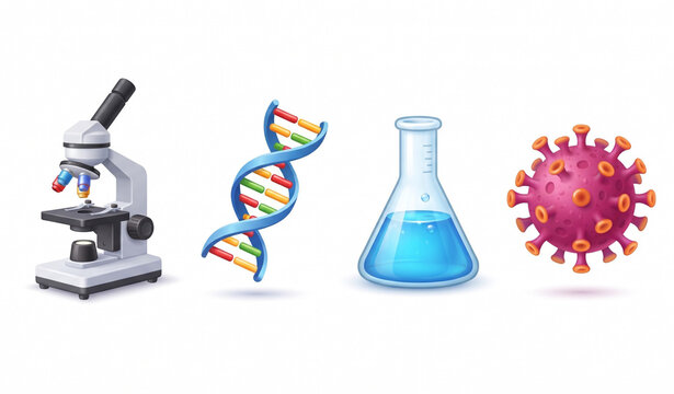 3D Clinical Research Laboratory Science Icon Set with Microscope DNA Flask and Coronavirus