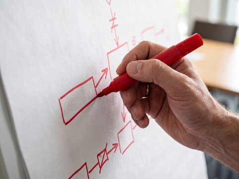 Close-up of a businessman drawing a strategic flowchart diagram with a red marker on a white flipchart during an office brainstorming session.