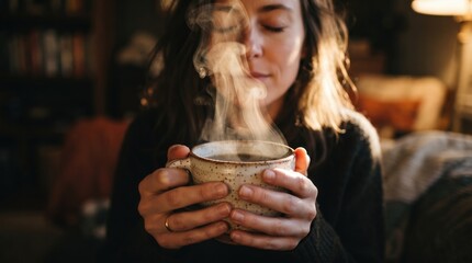 Woman holding a steaming ceramic mug of hot coffee or tea with both hands, capturing a cozy morning ritual and mindful relaxation for wellness marketing and lifestyle storytelling.