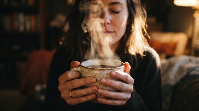 Woman holding a steaming ceramic mug of hot coffee or tea with both hands, capturing a cozy morning ritual and mindful relaxation for wellness marketing and lifestyle storytelling.