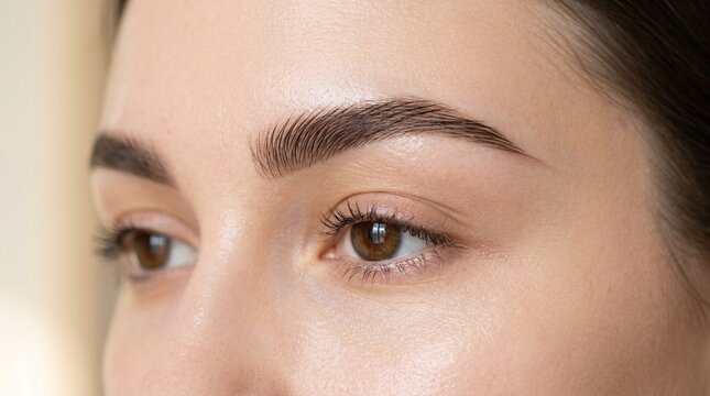 Close up of a woman's perfectly shaped eyebrows and brown eyes, natural beauty