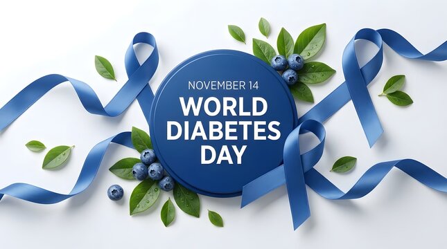 World diabetes day awareness ribbon with green leaves on a white background