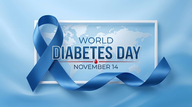 World diabetes day awareness ribbon with a blue watercolor background and text