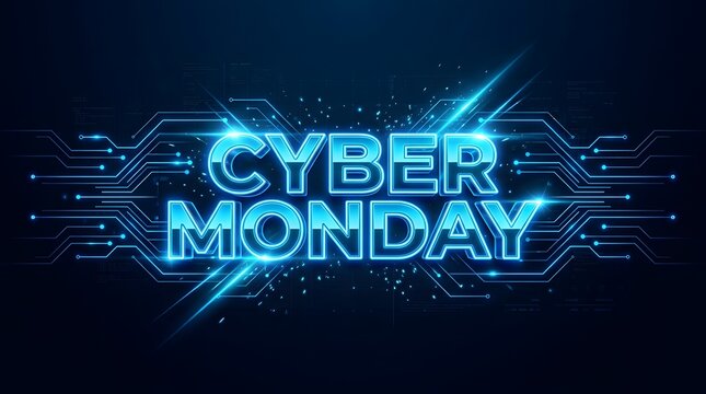 Bright vibrant cyber monday neon sign with glowing digital circuitry on a dark backdrop