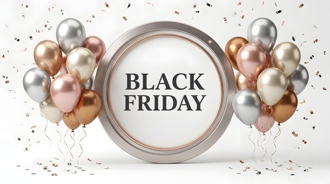 Celebrate a festive black friday sale promotion with vibrant colorful balloons and falling confetti