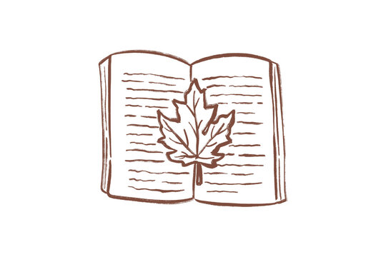 Hand drawn line art illustration of an open book with lined pages and an autumn maple leaf pressed inside Design