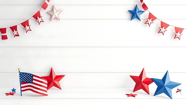American flag with red and blue stars and patriotic bunting decoration for fourth of july celebration