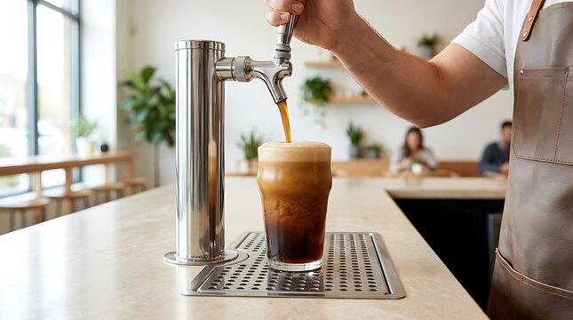 Barista pouring cold brew coffee into glass with thick foam head from nitro tap with stainless steel finish for cafe or restaurant beverage service.