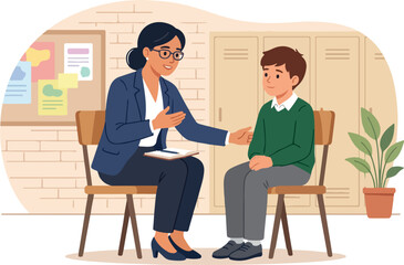 Obraz premium School counselor talking to a young student in an office setting