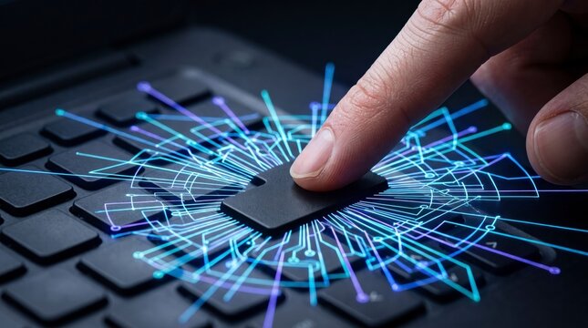 Close-up of a finger pressing an enter button on a laptop keyboard surrounded by glowing digital circuit lines, illustrating cyber security, big data processing, and futuristic technology concept.