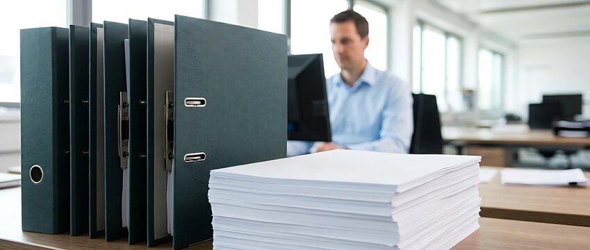 Man working at computer in office with stack of white papers and dark binders on desk for business, administration, or accounting tasks.