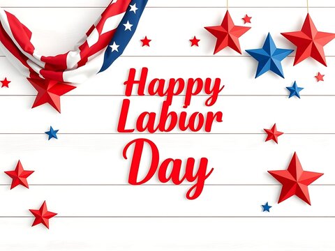 Happy labor day greeting card with red and blue stars and patriotic ribbon on white wooden background