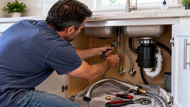 Homeowner leaning beneath kitchen sink using wrench to disconnect old faucet supply line, replacement faucet and basic tools nearby, realistic DIY plumbing repair