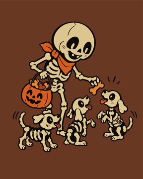 Cute Halloween skeleton feeding bone treats to three skeleton dogs with pumpkin candy bucket