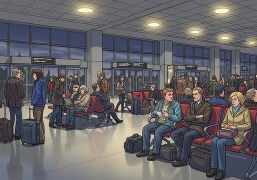 Crowded airport terminal waiting area