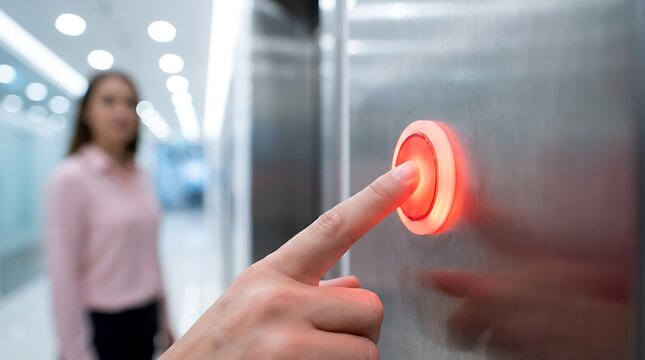 Close-up of finger pressing illuminated red elevator button with blurred woman waiting in hallway, signifies a choice for a floor.