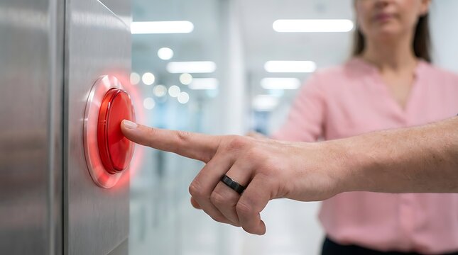 Hand wearing ring pressing illuminated red elevator button close-up with blurred woman in background, concept of modern technology use.