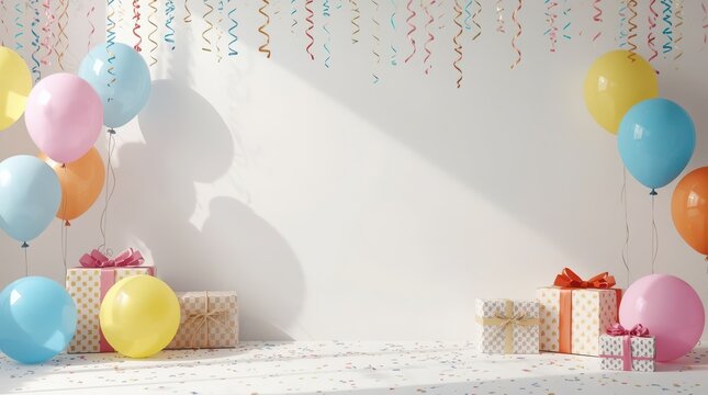 Colorful balloons and wrapped gift boxes decorate a white room with hanging streamers and confetti ready for a party.