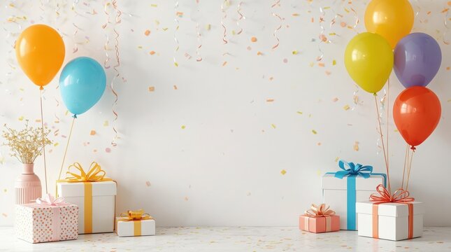 Colorful birthday balloons and wrapped gift boxes sit on a floor against a white wall with falling confetti and copy space.