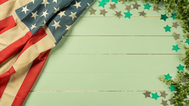 American flag with star confetti on a light green wooden table background for a patriotic holiday celebration