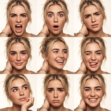 A set of funny faces of a fair‑haired girl expressing different emotions.