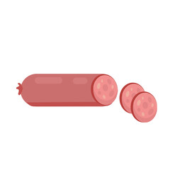 Sliced salami sausage  transparent background.Cartoon smoked pork pepperoni loaf with meat slices, pizza ingredient or grocery food vector illustration. © lirida