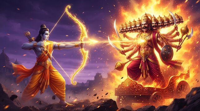 Lord rama aiming arrow at tenheaded ravana in epic battle