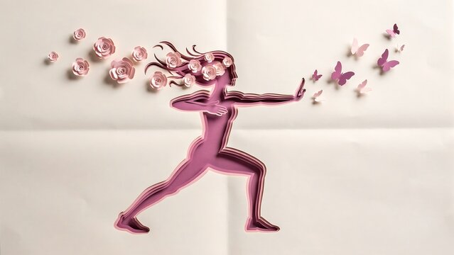Woman silhouette paper art illustration. Pink papercut figure with flowers in hair and butterflies flying away. Creative crafting design for women empowerment, wellness, and mental health.