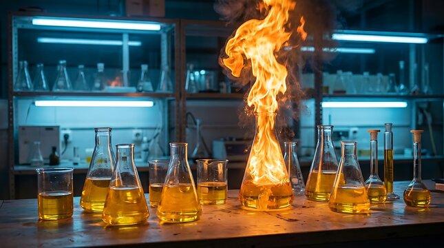 Flaming flask with bright orange fire and smoke sits centrally on a lab table surrounded by various beakers and flasks containing yellow liquid in a science lab.