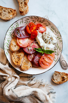 Tomato and mozzarella salad with toasted bread slices