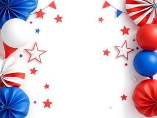 Obraz premium Patriotic fourth of july celebration frame with red and blue paper fans balloons and stars