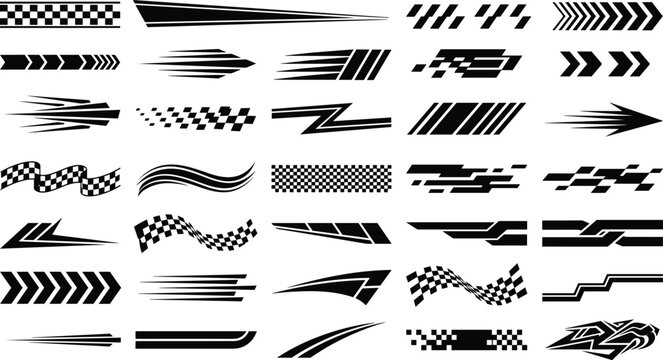 Racing sport car stripes decals arrows and checkered flag stickers set on transparent background