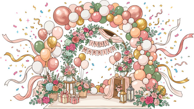 Festive wedding arch decorated with colorful balloons flowers and just married banner for celebration setup