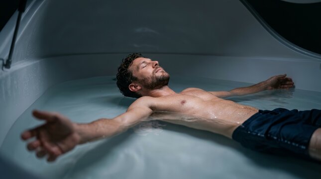Man experiencing sensory deprivation therapy in a floating tank.