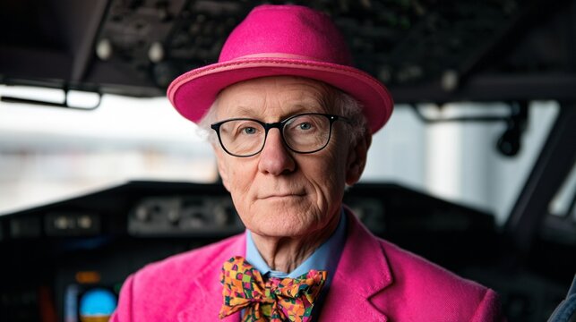 An elderly man in a vibrant pink suit, colorful bow tie, and glasses, seated inside an aircraft cockpit.