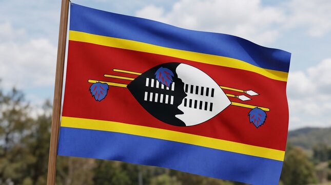 Eswatini flag waving gracefully against a clear blue sky background during a bright sunny afternoon.