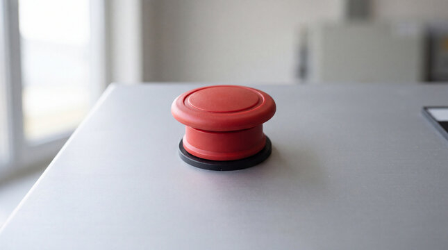 Red emergency stop button on industrial machine panel for safety shutdown and hazard control