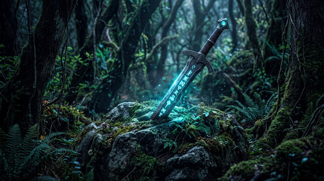 Ancient glowing sword embedded in mossy forest rock, magical fantasy blade scene
