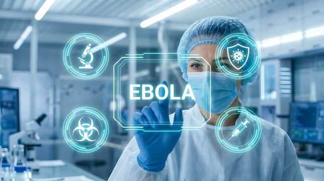 Focused scientist wearing face mask and shield touches a glowing digital interface with ebola information and medical icons in lab.
