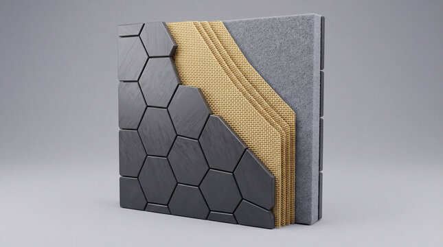 Architectural composite wall panel cross-section with hex tile cladding and insulation layers