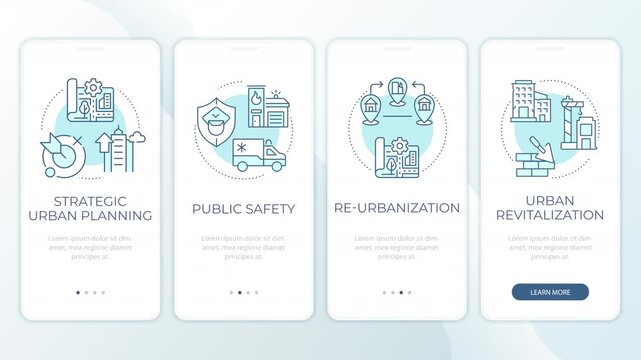 Modern urban development planning animated mobile app onboarding. Sustainable civic community design. Welcome screen UI. Carousel walkthrough animation with blue monochrome concept icons