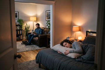 Fototapeta premium In a comfortable home, one person sleeps in bed while another sits in a chair and reads a book. Soft lights fill the room as night falls, creating a warm atmosphere