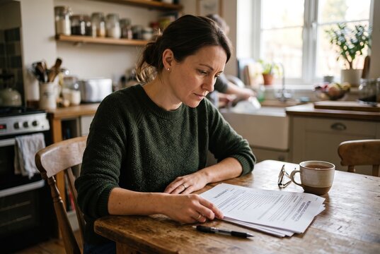 A woman sits at a kitchen table in a home. She is looking at papers that relate to autism. A cup of tea is beside her. There is activity in the background