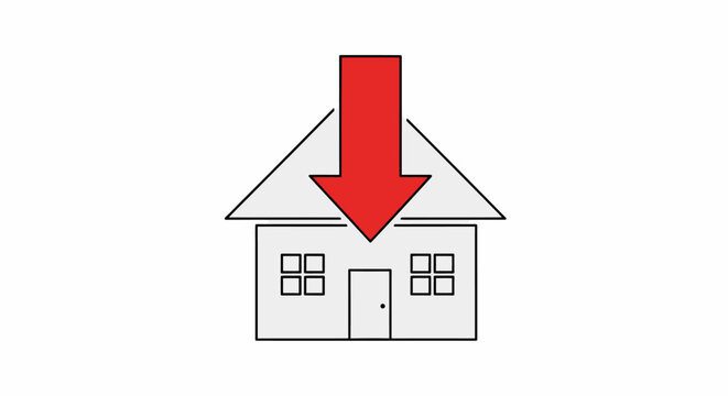 A clean vector illustration of a house icon with a large red downward arrow pointing at it, symbolizing real estate market decline, property value drop, or housing crisis.