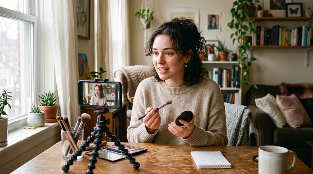 Young woman filming makeup tutorial at home with smartphone on tripod