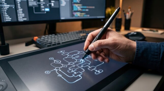 Close-up of developer hand drawing system architecture flowchart with stylus on graphic tablet screen, with coding IDE on monitor in background.