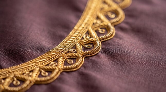 luxury textile craftsmanship, intricate gold zari embroidery on soft silk, highlighting luxurious textile detail