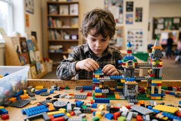 Fototapeta premium A child plays with building blocks on a table in a classroom. The child concentrates on adding pieces to a structure. Other blocks are scattered around