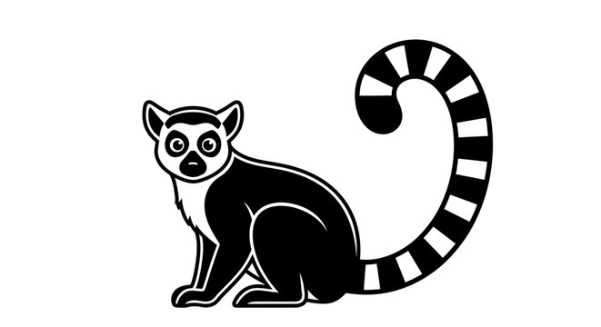 Clean black and white vector illustration of a ring-tailed lemur sitting, looking forward with its characteristic striped tail curled upwards.