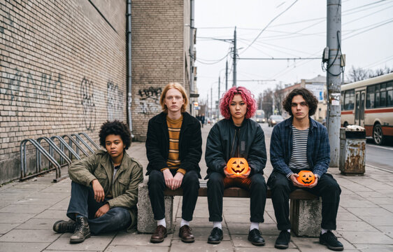Generation Z friends with jack-o-lanterns on urban street